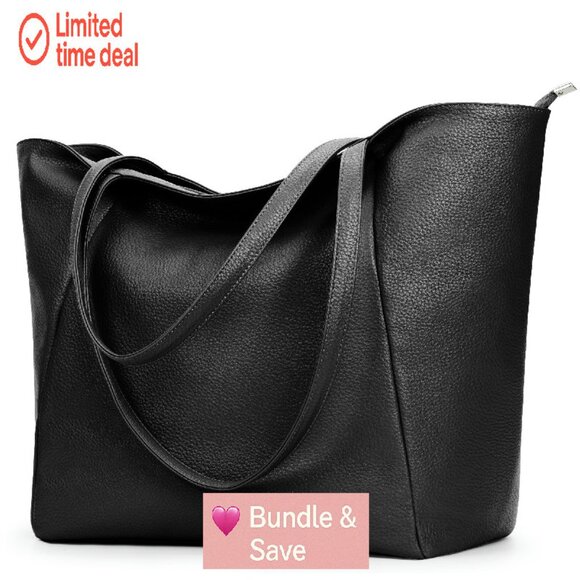 Large Vegan Leather Tote Bag with Zipper, 23L Capacity for Work and Travel - Picture 1 of 8